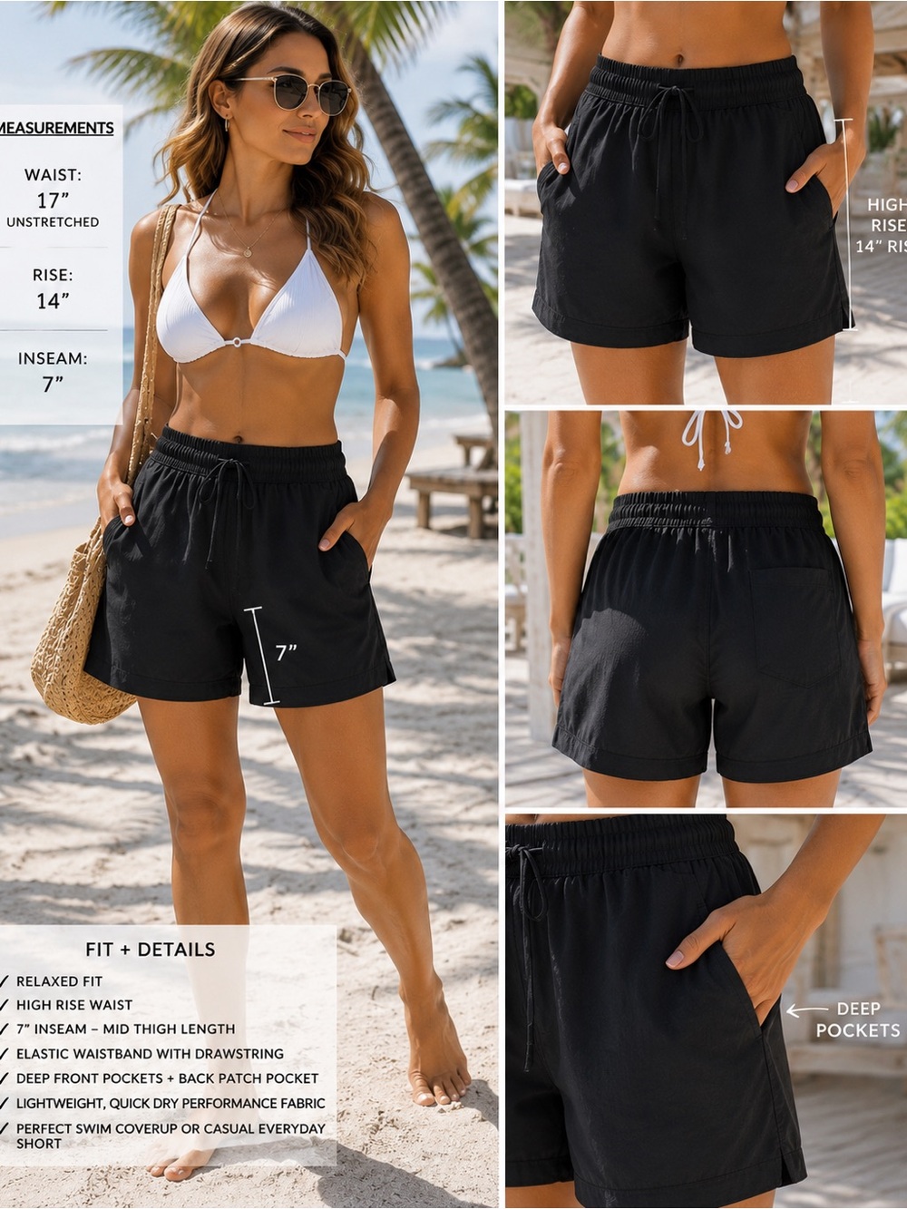 Athleta Black Mid Rise Drawstring Shorts L Swim Cover Up Athleisure Coastal